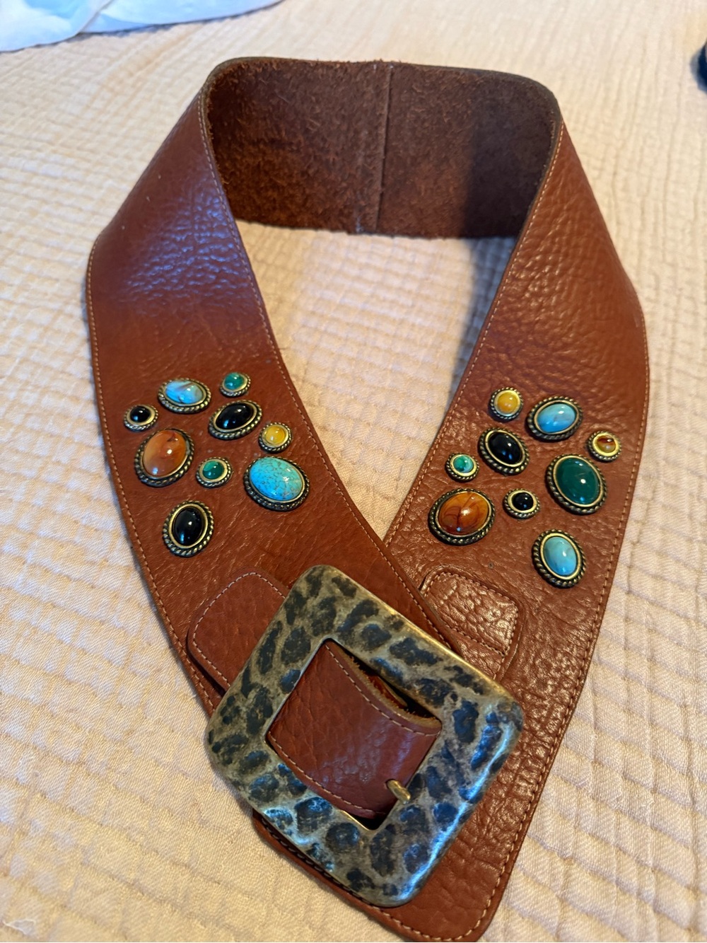 Brown Leather Wide Belt with Multicolor Stone Accents - Picture 1 of 10